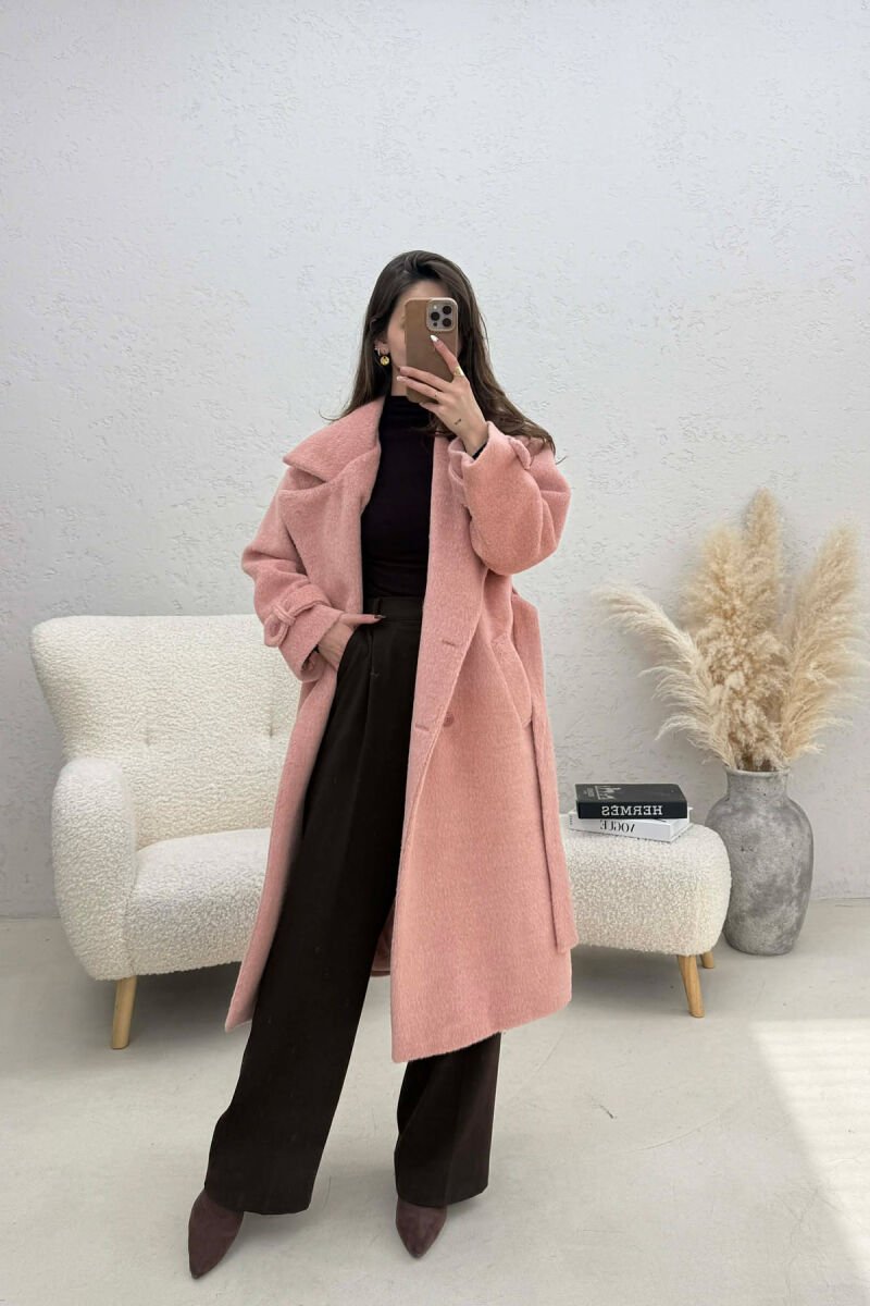 ONE COLOR BELT DETAIL LONG WOMEN TRENCH COAT SALMON/SALMON - 3