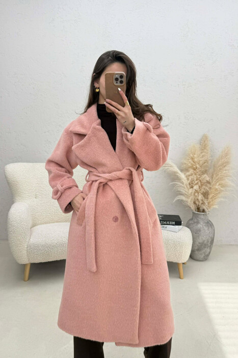 ONE COLOR BELT DETAIL LONG WOMEN TRENCH COAT SALMON/SALMON - 4