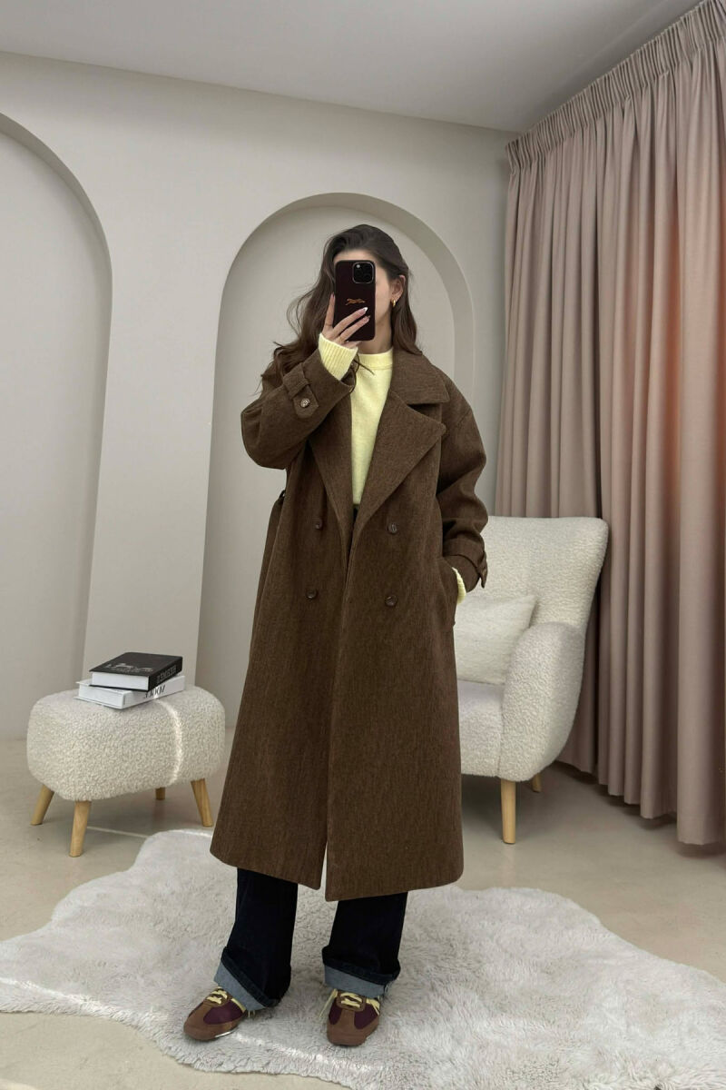 ONE COLOR BELT DETAIL LONG WOMEN TRENCH COAT SIENNA - 2