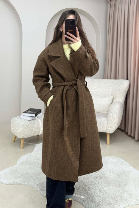 ONE COLOR BELT DETAIL LONG WOMEN TRENCH COAT SIENNA 