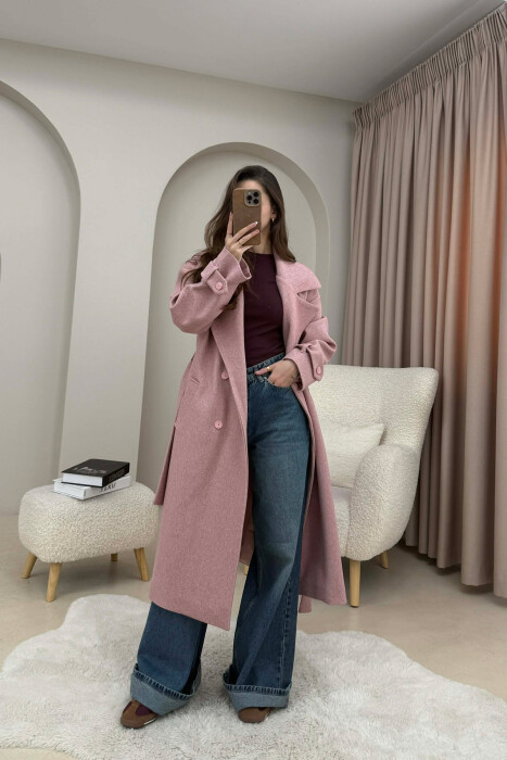 ONE COLOR BELT DETAIL LONG WOMEN TRENCH COAT VINEGAR/UTHULL - 2
