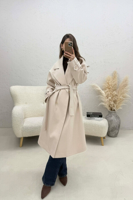 ONE COLOR BELT DETAIL LONG WOMEN TRENCH COAT WHITE-BEIGE/BABZH - 1