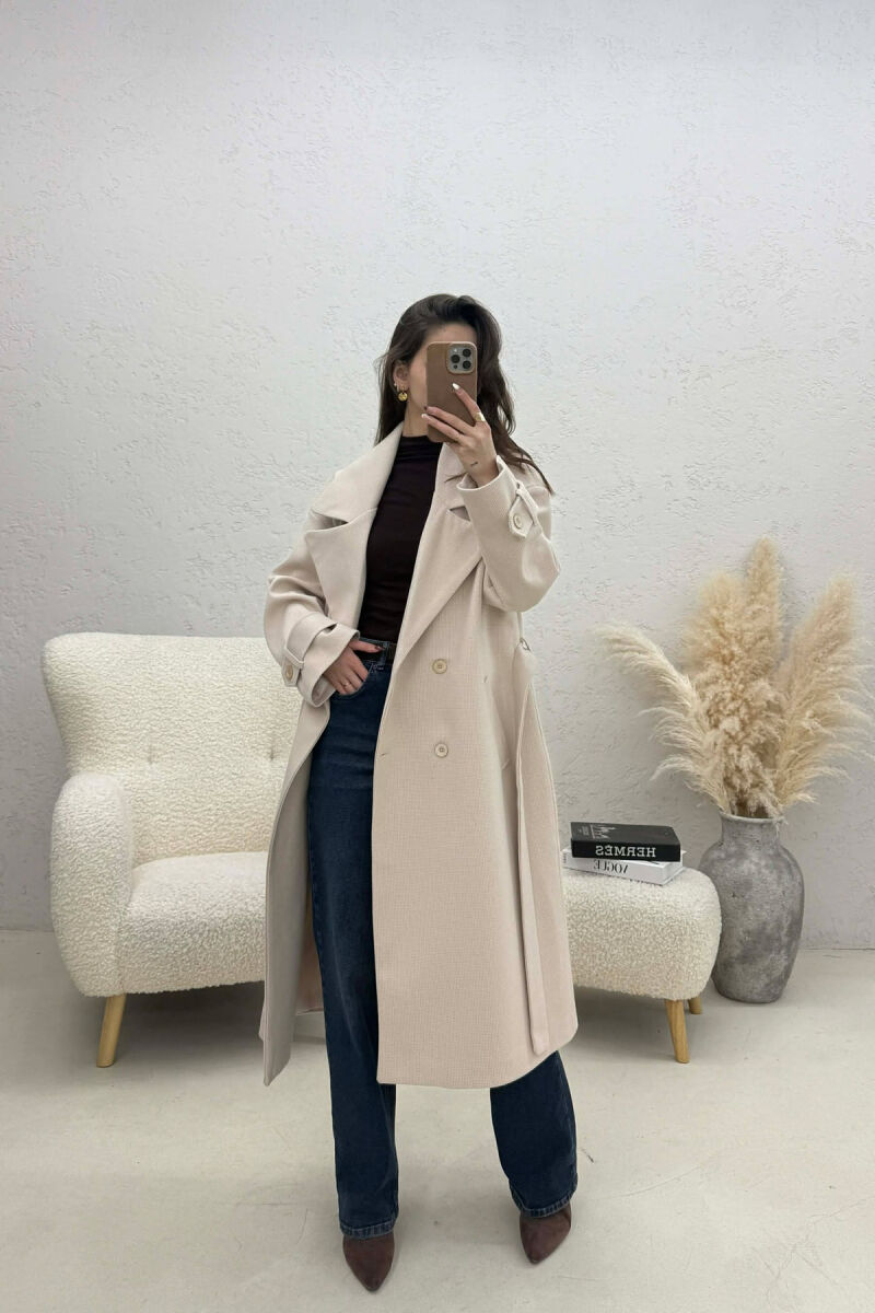 ONE COLOR BELT DETAIL LONG WOMEN TRENCH COAT WHITE-BEIGE/BABZH - 5