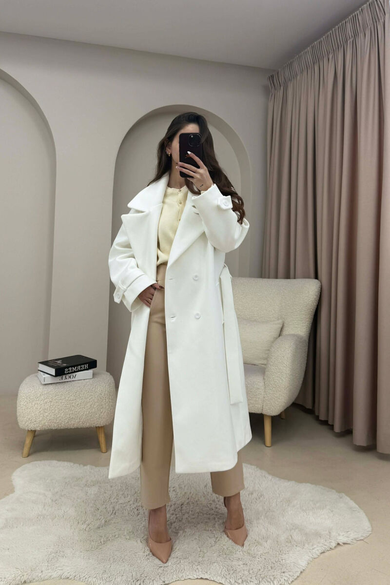 ONE COLOR BELT DETAIL LONG WOMEN TRENCH COAT WHITE-E BARDHE - 2