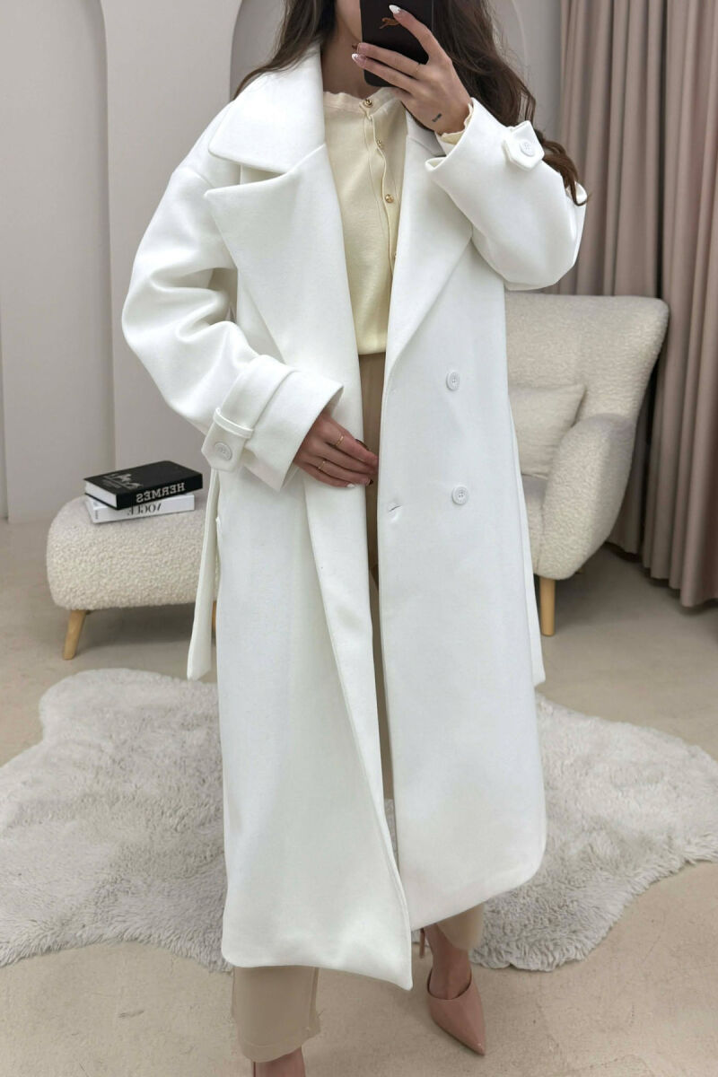 ONE COLOR BELT DETAIL LONG WOMEN TRENCH COAT WHITE-E BARDHE - 1