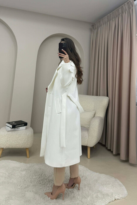 ONE COLOR BELT DETAIL LONG WOMEN TRENCH COAT WHITE-E BARDHE - 3