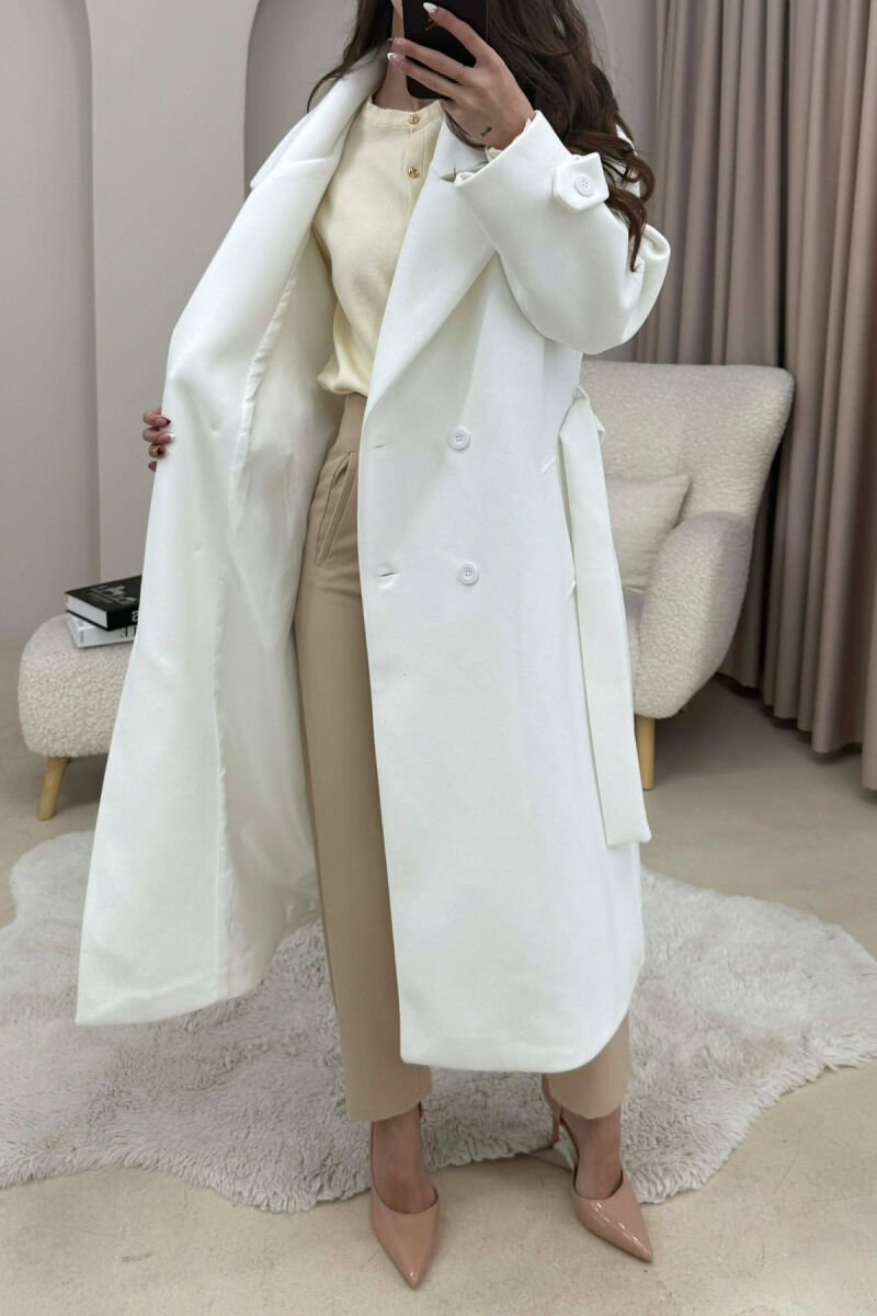 ONE COLOR BELT DETAIL LONG WOMEN TRENCH COAT WHITE-E BARDHE - 4