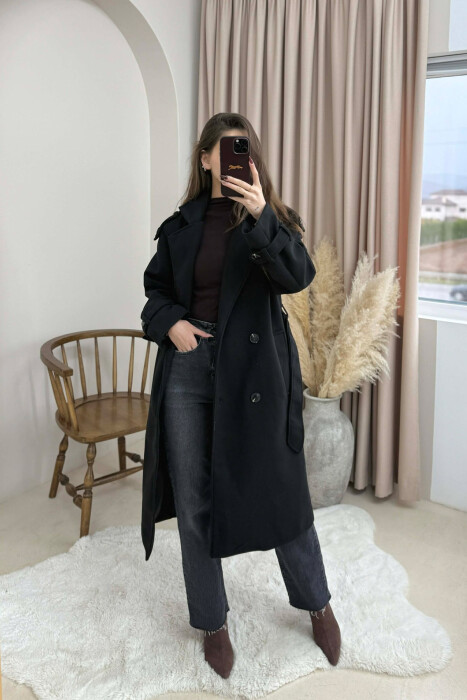 ONE COLOR BELT DETAIL WOMAN COAT BLACK/ E ZEZE - 5