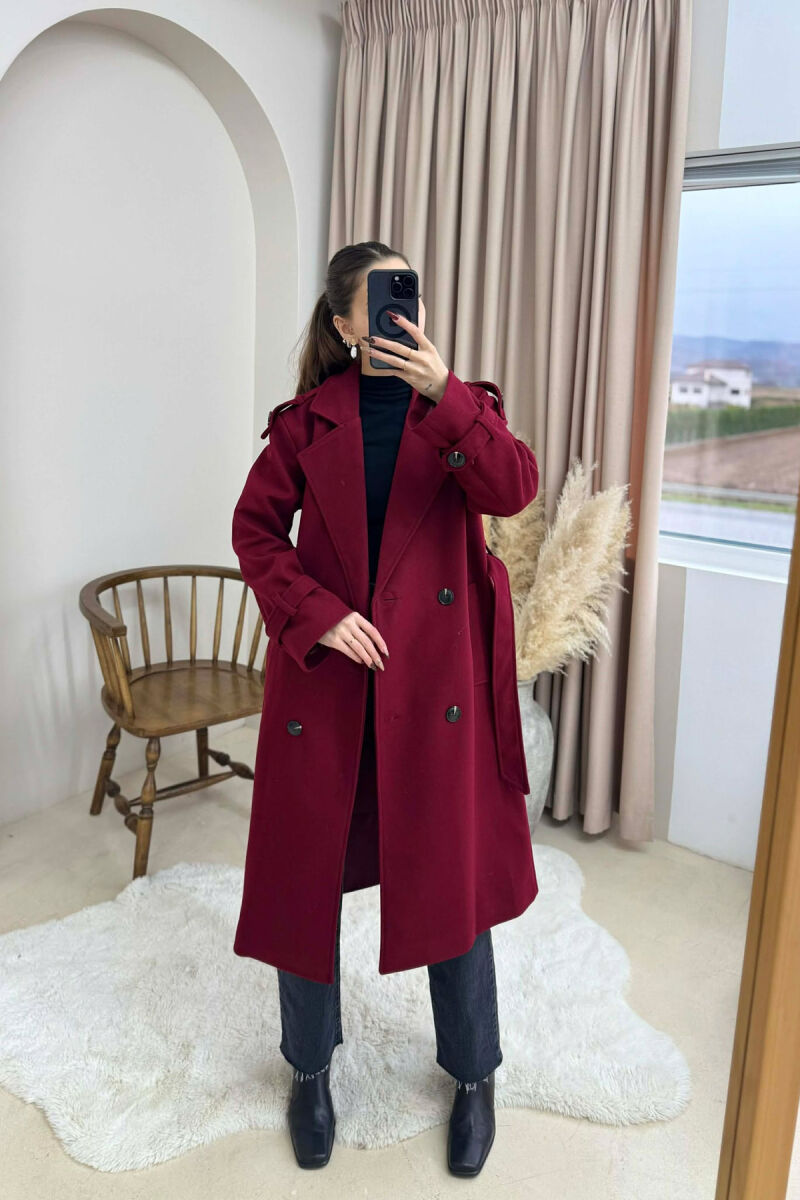 ONE COLOR BELT DETAIL WOMAN COAT BURGUNDY/VISHNJE - 2
