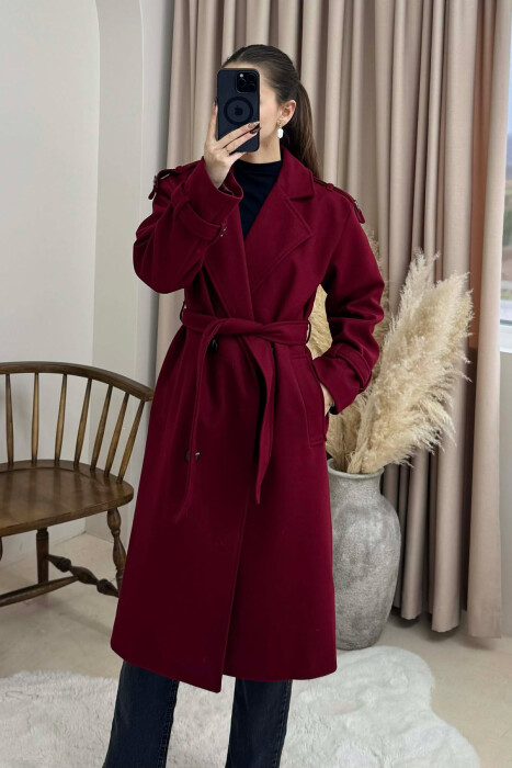 ONE COLOR BELT DETAIL WOMAN COAT BURGUNDY/VISHNJE - 1