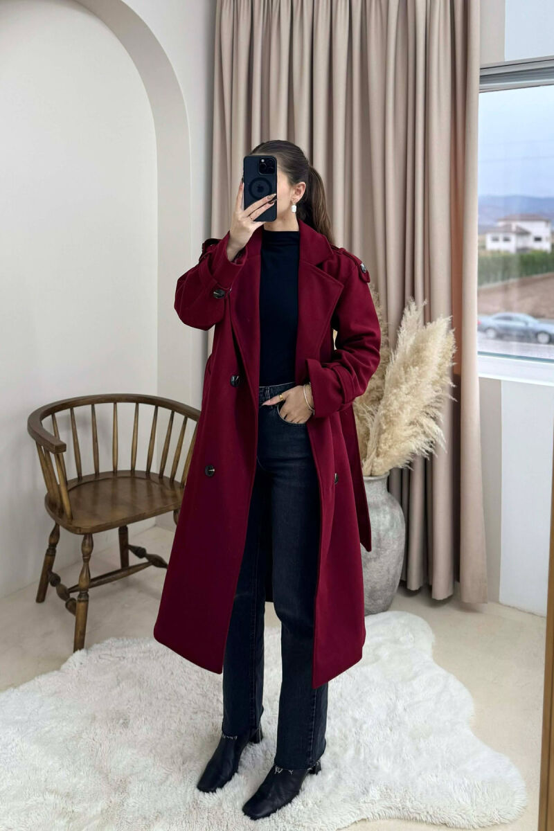 ONE COLOR BELT DETAIL WOMAN COAT BURGUNDY/VISHNJE - 4