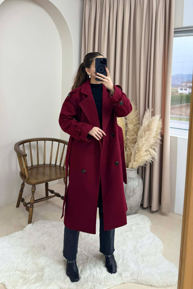 ONE COLOR BELT DETAIL WOMAN COAT BURGUNDY/VISHNJE - 5