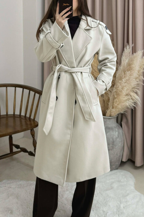 ONE COLOR BELT DETAIL WOMAN COAT CREAM/KREM 