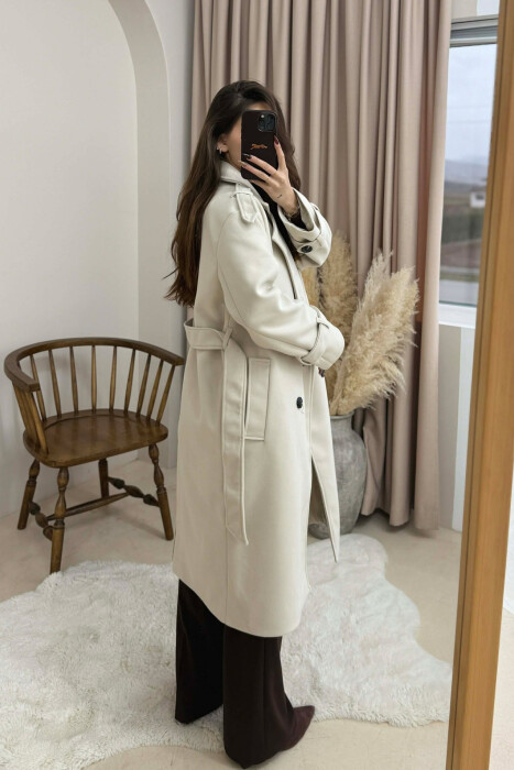 ONE COLOR BELT DETAIL WOMAN COAT CREAM/KREM - 4