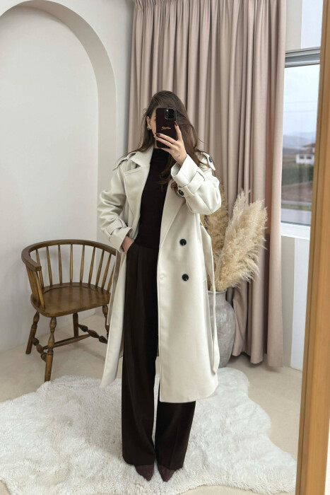 ONE COLOR BELT DETAIL WOMAN COAT CREAM/KREM - 5