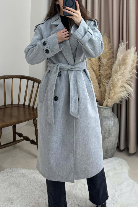 ONE COLOR BELT DETAIL WOMAN COAT LIGHT GREY/GZ 
