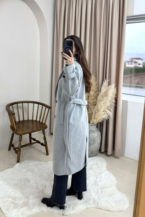 ONE COLOR BELT DETAIL WOMAN COAT LIGHT GREY/GZ - 4