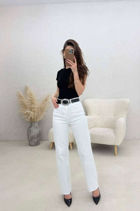 ONE COLOR BELT DETAIL WOMAN JEANS WHITE-E BARDHE - KLAUDIO FASHION