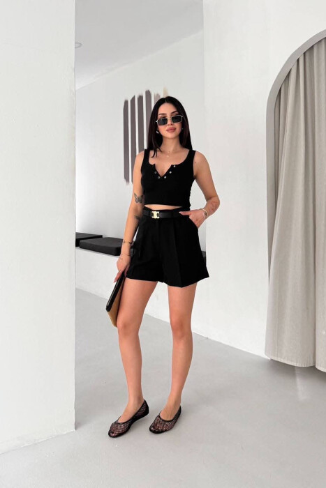 ONE COLOR BELT DETAIL WOMAN SHORTS BLACK/ E ZEZE - KLAUDIO FASHION