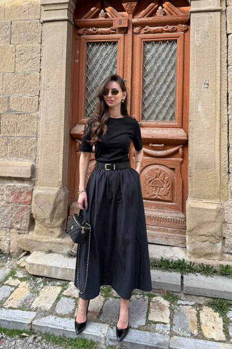 ONE COLOR BELT DETAIL WOMAN SKIRT BLACK/ E ZEZE - KLAUDIO FASHION