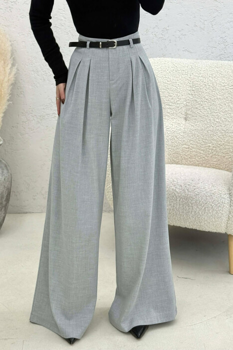 ONE COLOR BELT DETAIL WOMAN TROUSERS LIGHT GREY/GZ - KLAUDIO FASHION