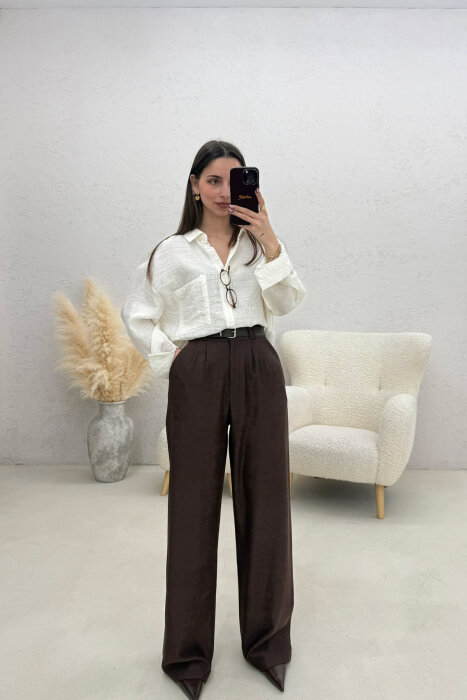 ONE COLOR BELT DETAIL WOMAN TROUSERS BROWN/KAFE - KLAUDIO FASHION