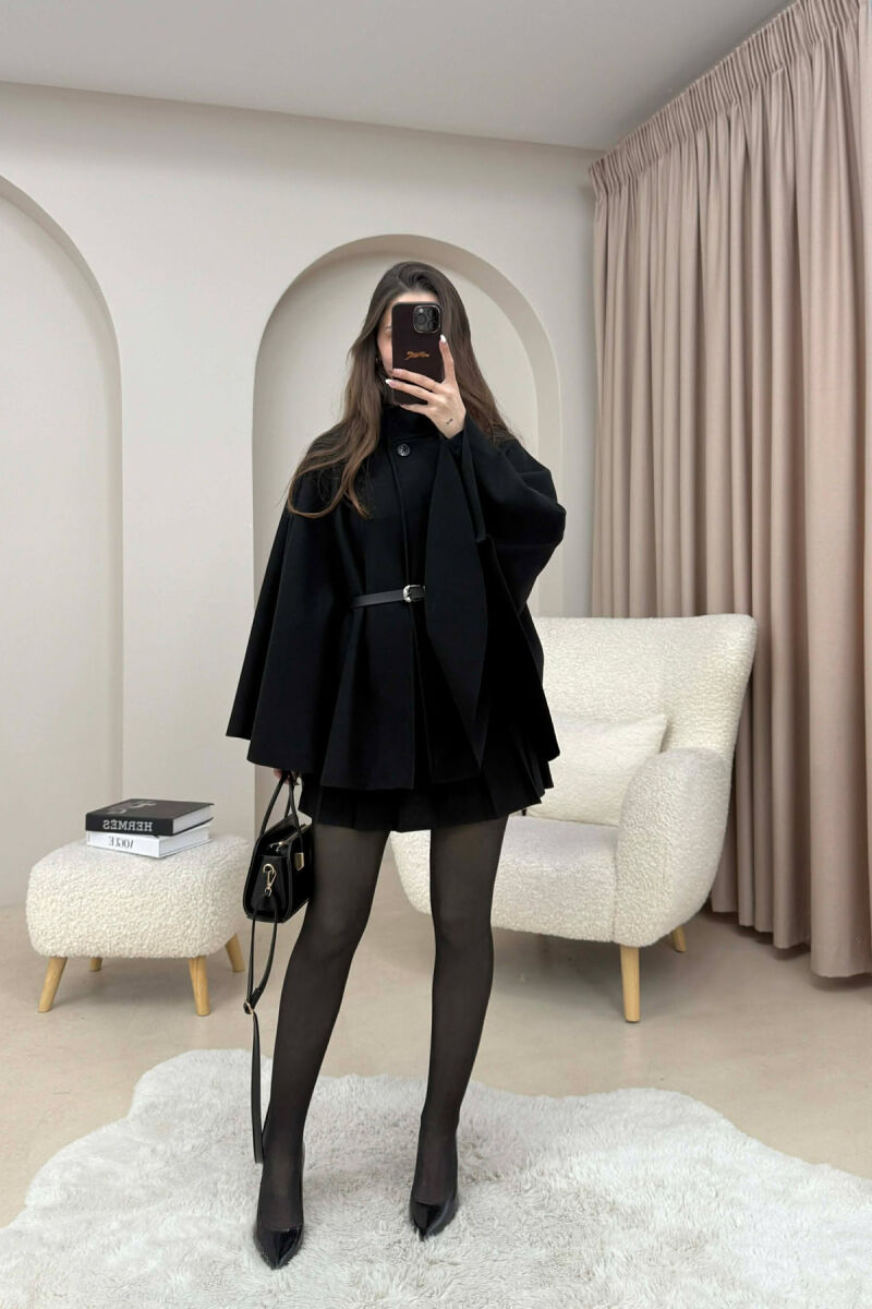 ONE COLOR BELT DETAIL WOMEN CAPE COAT BLACK/ E ZEZE - 2