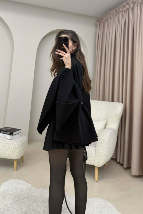 ONE COLOR BELT DETAIL WOMEN CAPE COAT BLACK/ E ZEZE - 4