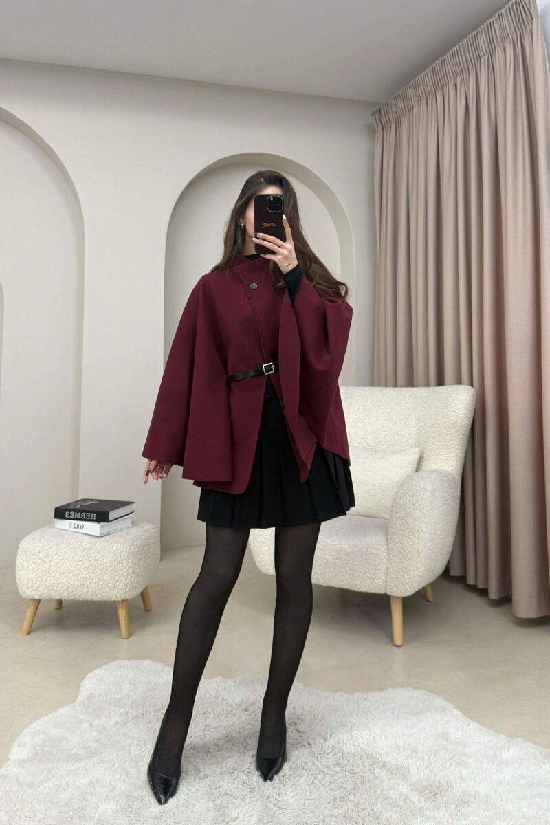 ONE COLOR BELT DETAIL WOMEN CAPE COAT BURGUNDY/VISHNJE - 2