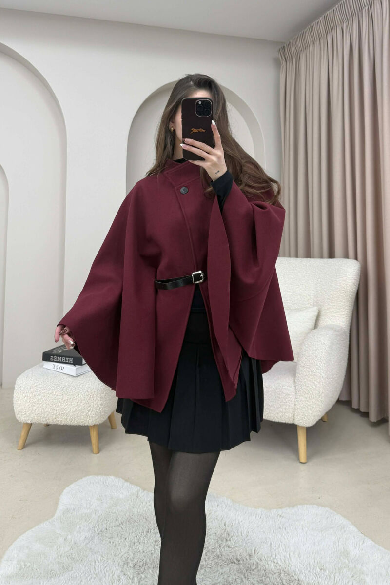 ONE COLOR BELT DETAIL WOMEN CAPE COAT BURGUNDY/VISHNJE - 4