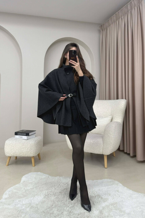 ONE COLOR BELT DETAIL WOMEN CAPE COAT DARK GREY/GEE - 2