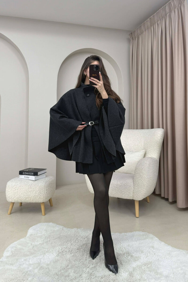 ONE COLOR BELT DETAIL WOMEN CAPE COAT DARK GREY/GEE - 2