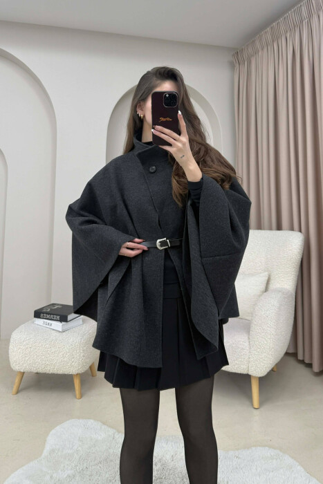 ONE COLOR BELT DETAIL WOMEN CAPE COAT DARK GREY/GEE - 3