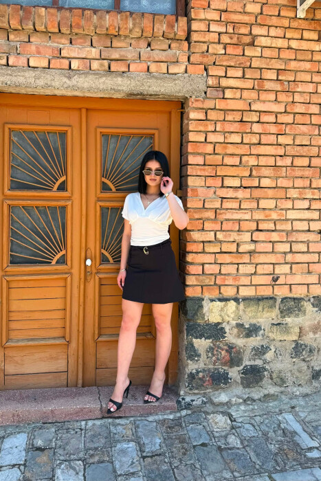 ONE COLOR BELT DETAIL WOMEN SKIRT BLACK/ E ZEZE - KLAUDIO FASHION