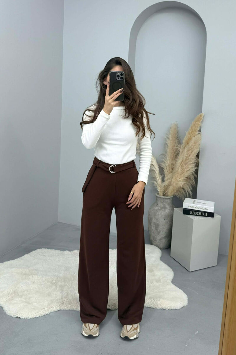 ONE COLOR BELT DETAIL WOMEN SWEATPANTS BROWN/KAFE - 1