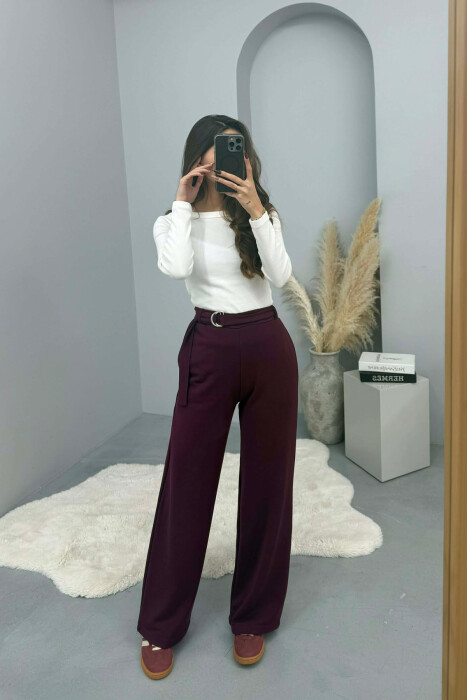 ONE COLOR BELT DETAIL WOMEN SWEATPANTS BURGUNDY/VISHNJE - 1