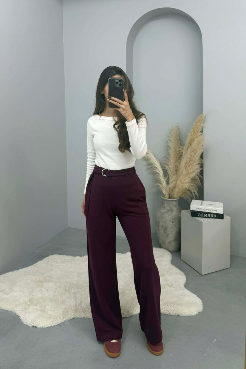 ONE COLOR BELT DETAIL WOMEN SWEATPANTS BURGUNDY/VISHNJE - 2