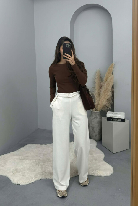 ONE COLOR BELT DETAIL WOMEN SWEATPANTS WHITE-E BARDHE - KLAUDIO FASHION