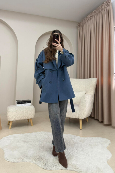 ONE COLOR BELT DETAIL WOMEN TRENCH COAT BLUE/BLU - 2