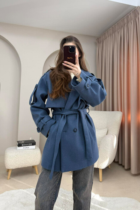 ONE COLOR BELT DETAIL WOMEN TRENCH COAT BLUE/BLU - 1