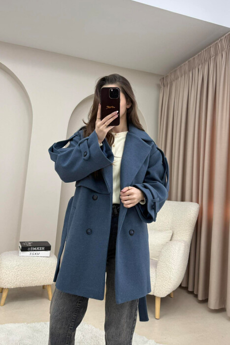 ONE COLOR BELT DETAIL WOMEN TRENCH COAT BLUE/BLU - 5