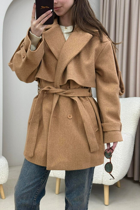ONE COLOR BELT DETAIL WOMEN TRENCH COAT BROWN/KAFE 