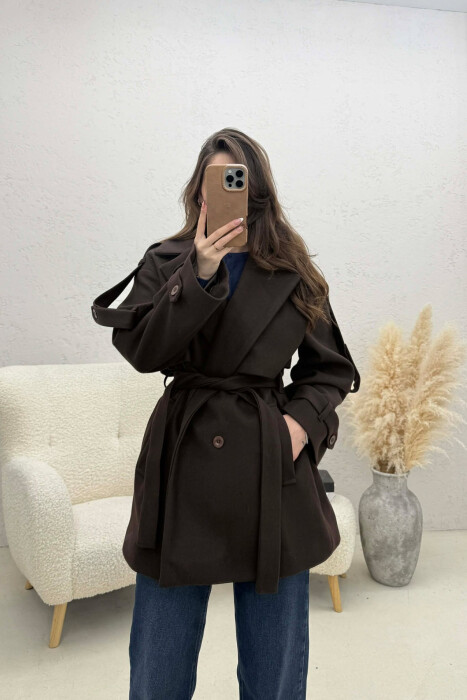 ONE COLOR BELT DETAIL WOMEN TRENCH COAT CHOCOLATE/COKOLLATE 