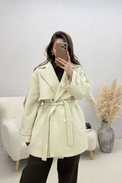 ONE COLOR BELT DETAIL WOMEN TRENCH COAT CREAM/KREM 