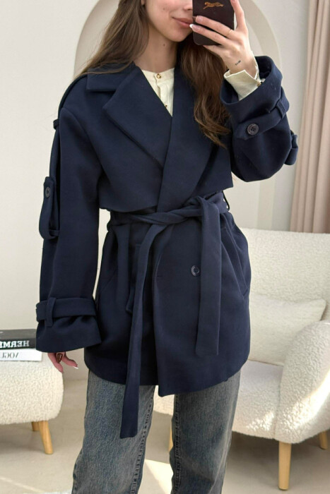ONE COLOR BELT DETAIL WOMEN TRENCH COAT DARK BLUE/BEE 