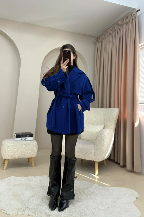 ONE COLOR BELT DETAIL WOMEN TRENCH COAT ELECTRIC BLUE/BLEL - 3