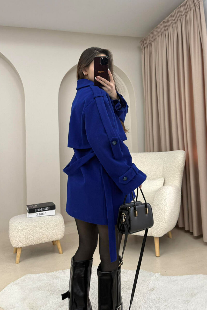 ONE COLOR BELT DETAIL WOMEN TRENCH COAT ELECTRIC BLUE/BLEL - 4