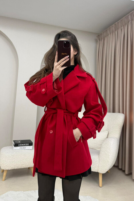 ONE COLOR BELT DETAIL WOMEN TRENCH COAT RED/E KUQE 