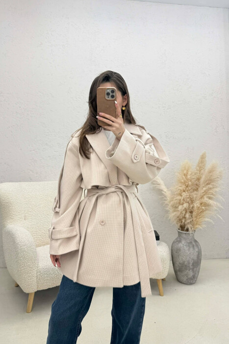 ONE COLOR BELT DETAIL WOMEN TRENCH COAT WHITE-BEIGE/BABZH 