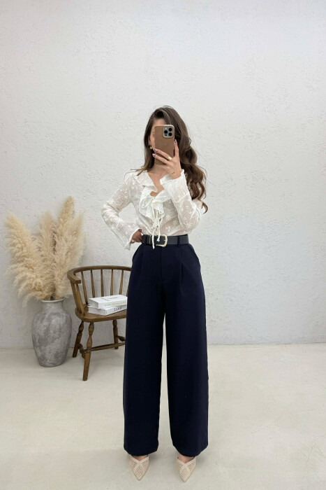 ONE COLOR BELT DETAIL WOMEN TROUSERS BLUE/BLU - 2